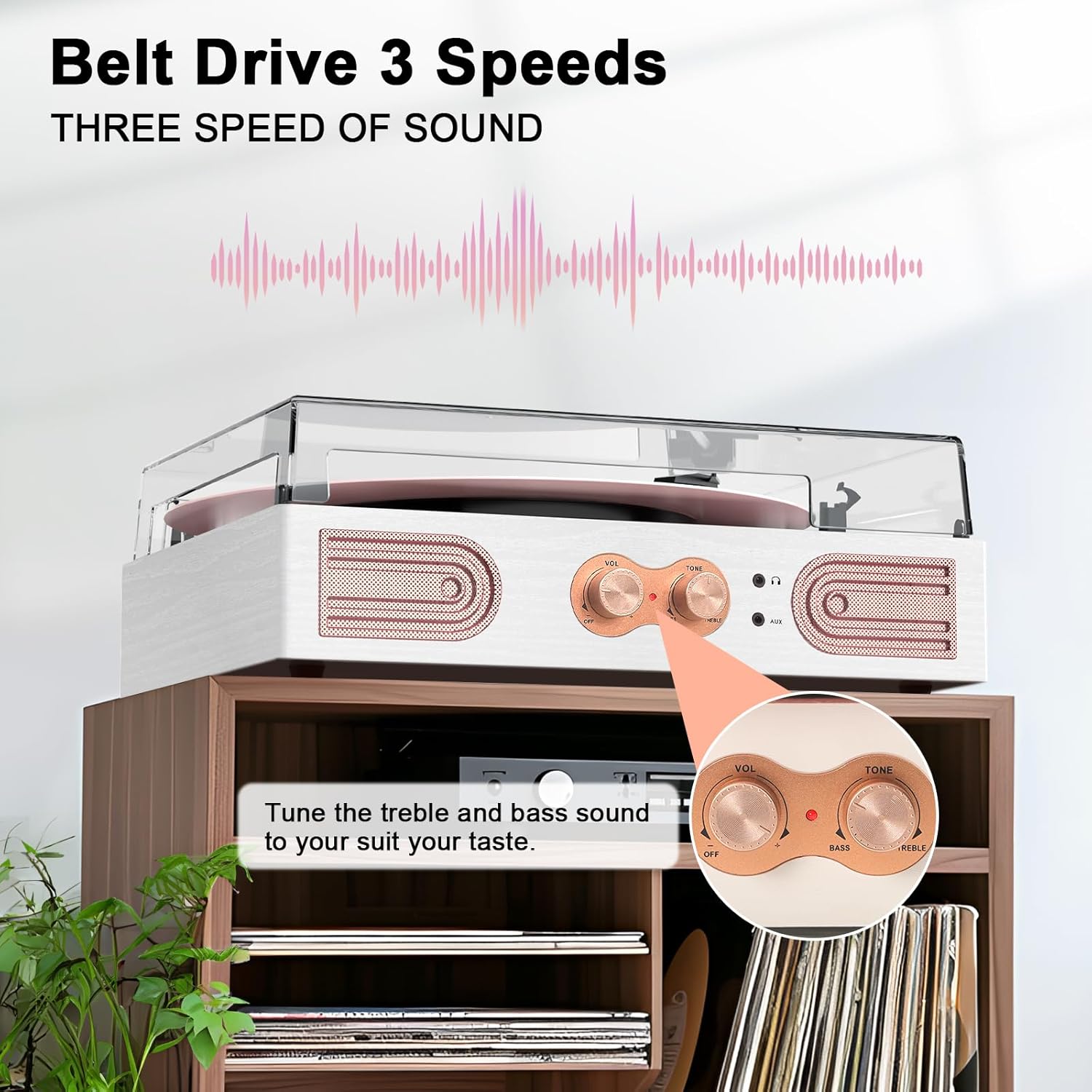 Color White  rose Gold Vinyl Record Player with Built-in Speakers 3-Speed Vintage Record Player Support Treble& Bass Control, 3.5mm Headphone Jack, RCA-Out/Aux in, Belt-Driven LP Turntable,White Rose Gold